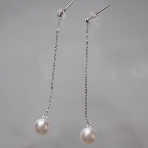 silver 8.5mm アコヤパール 一粒 ロング ピアス イヤリング