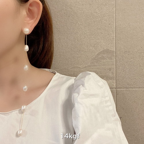 14kgf 縦長 バロックパール 6連 ロング ピアス イヤリング ピアス 