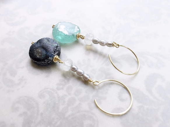 ★銷售★羅馬玻璃耳環（月光石和珍珠）·耳環可更換 第3張的照片