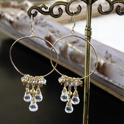 [14kgf·天然石材]水晶·拉布拉多·金珍珠吊燈耳環·耳環多變 第1張的照片