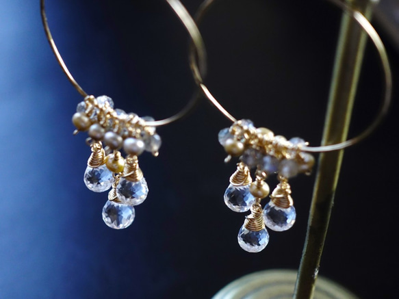 [14kgf·天然石材]水晶·拉布拉多·金珍珠吊燈耳環·耳環多變 第2張的照片