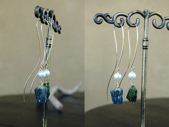 【14 kgf·天然石材】生石型藍綠電氣石和淡水珍珠“HANE”耳環 第4張的照片