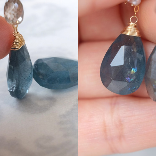 14kgfモスアクアマリン・トルマリンピアス/イヤリング 14kgf・天然石】インディゴブルーモスアクアマリンのアシンメトリー
