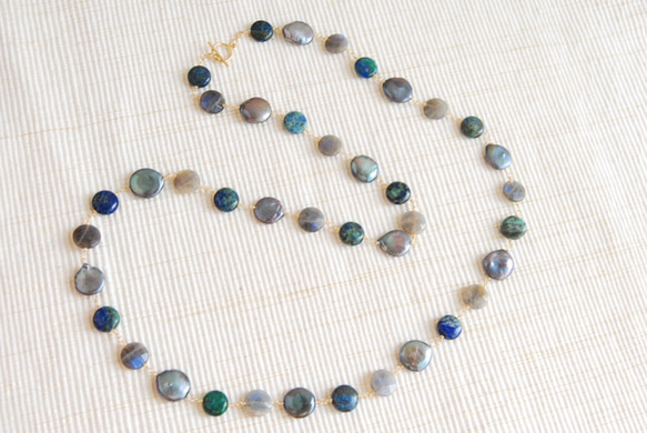 硬幣形珍珠和石頭項鍊Azulo孔雀石（14kgf） 第2張的照片
