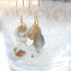 花瓣Keshi珍珠和條紋蛋白石耳環14kgf 第4張的照片