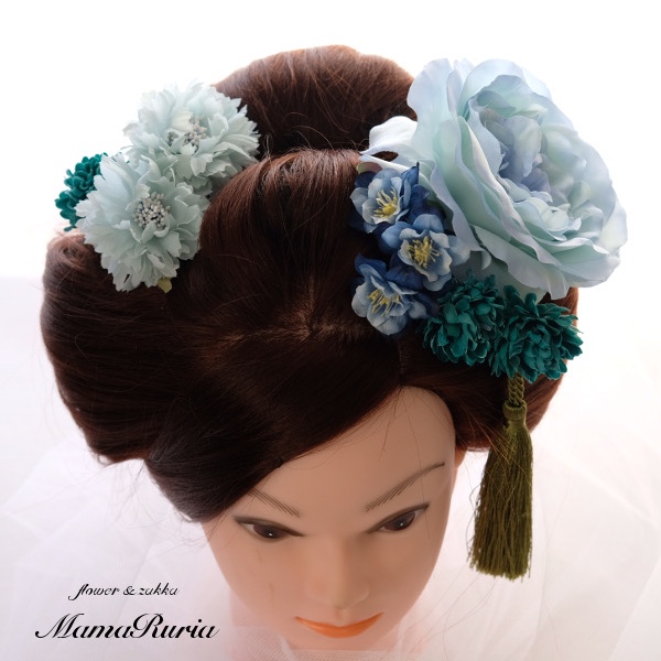 【ヘアアクセサリーNo2】（アーティフィシャルフラワー使用）髪飾り 成人式　卒業式　ウェディング　ブルー　オールドローズ