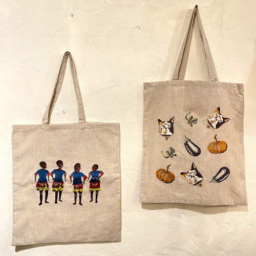 □残りわずか□猫と野菜□ 刺繍トートーバッグ A3 リネン トートバッグ