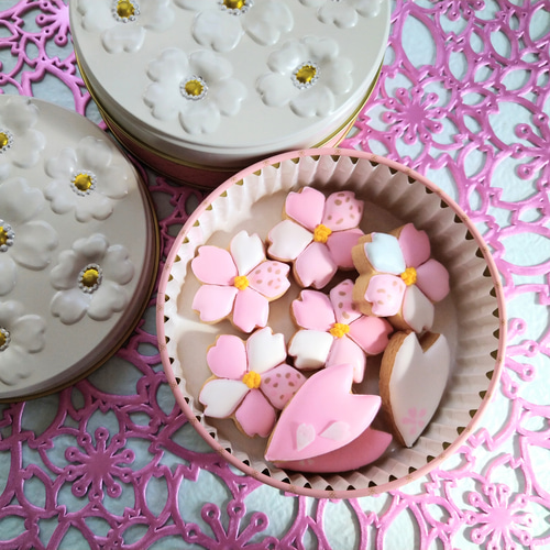 桜ハンドメイド2026』桜のアイシングクッキー クッキー缶SAKURA 白砂糖