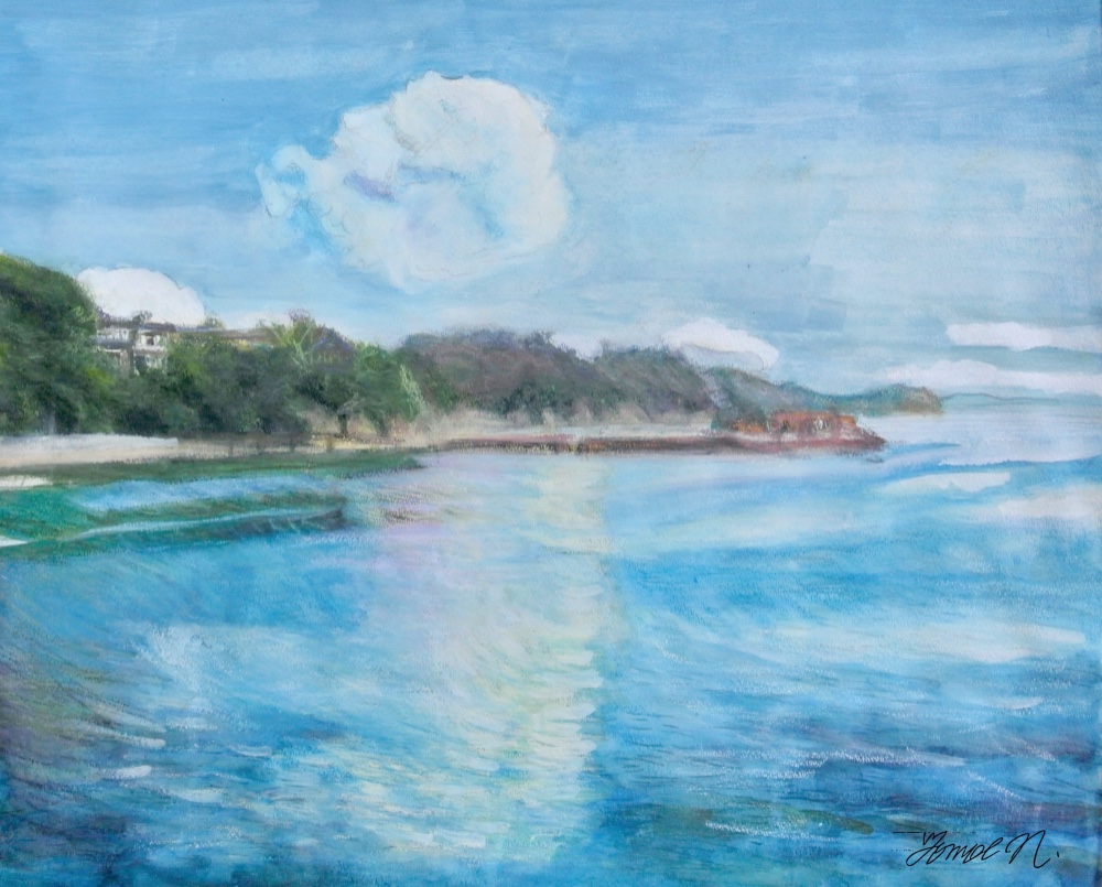 24時間限定タイムセール 日本製ソフトパステル、水彩画アートインテリア半切 パステル画 風景画 白フレーム 絵画