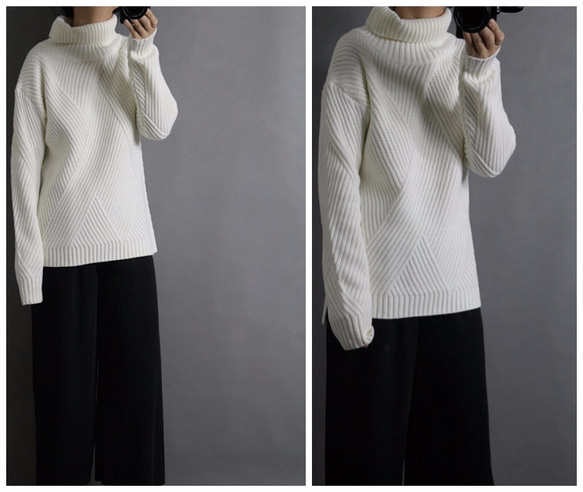 シンプル大きいサイズゆったり四角形編みハイネットセーター 2枚目の画像