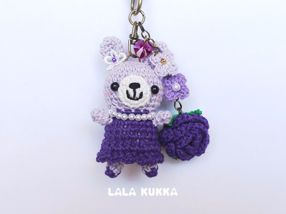 パープルうさちゃん＆紫のバラのあみぐるみキーホルダー／バッグ