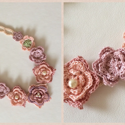 パールと桜色レース編の大きなお花のネックレスPink（crochet necklace) 3枚目の画像