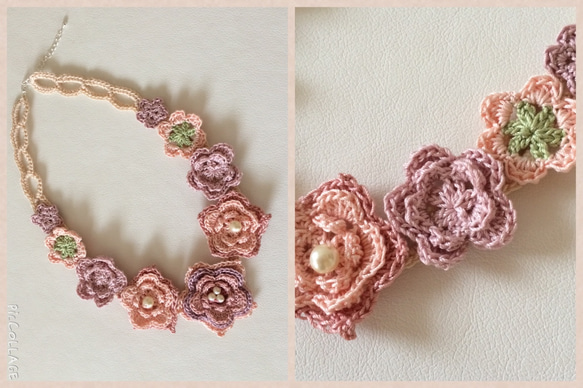 パールと桜色レース編の大きなお花のネックレスPink（crochet necklace) 3枚目の画像