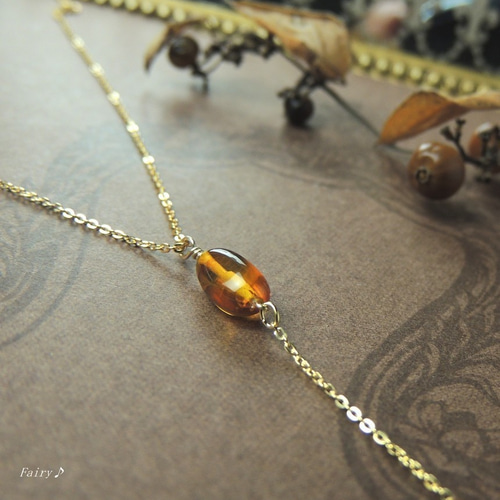 14kgf アンバー（天然琥珀）のラリエット風Yラインネックレス 