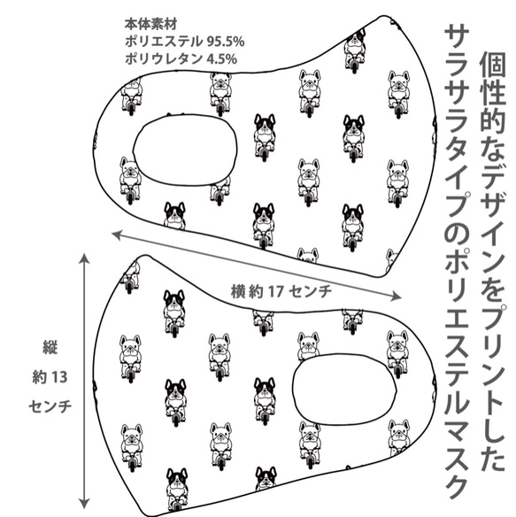 おしゃれマスク　個性的なデザインのプリントマスク　サラサラポリエステルマス 洗えるマスク 自転車とフレブル1 1枚目の画像