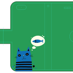 新品送料無料 iPhoneケース 手帳型 魚思う猫 緑 ねこ ネコ CAT キャット neko 1枚目の画像
