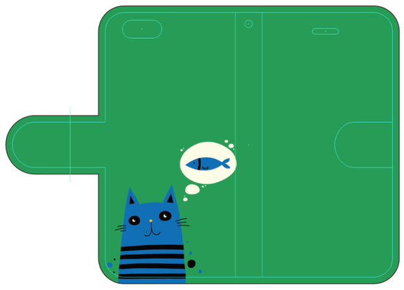 新品送料無料 iPhoneケース 手帳型 魚思う猫 緑 ねこ ネコ CAT キャット neko 1枚目の画像