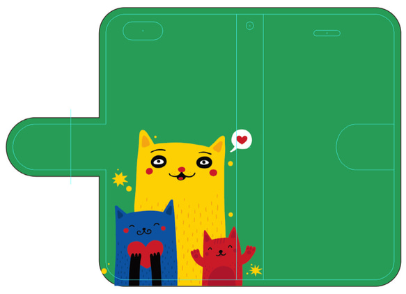 新品送料無料 iPhoneケース 手帳型 家族猫 緑 ねこ ネコ CAT キャット neko 1枚目の画像
