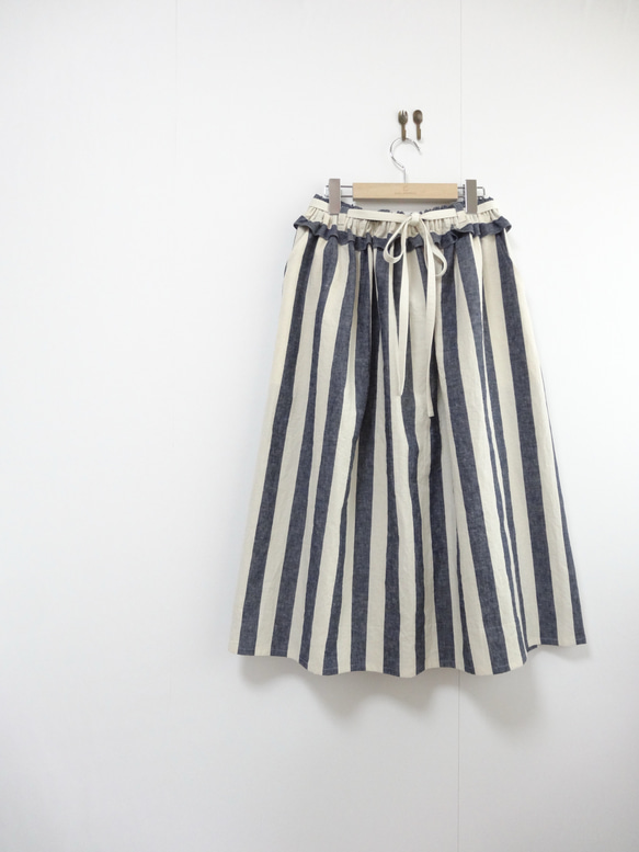 ストライプのギャザースカート コットンリネン 3枚目の画像