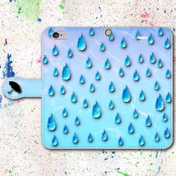 iPhone Android 手帳型スマホケース 雨 ブルー【送料無料】 1枚目の画像