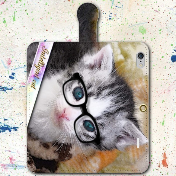 iPhone Android 手帳型スマホケース 子猫 メガネ【送料無料】 2枚目の画像
