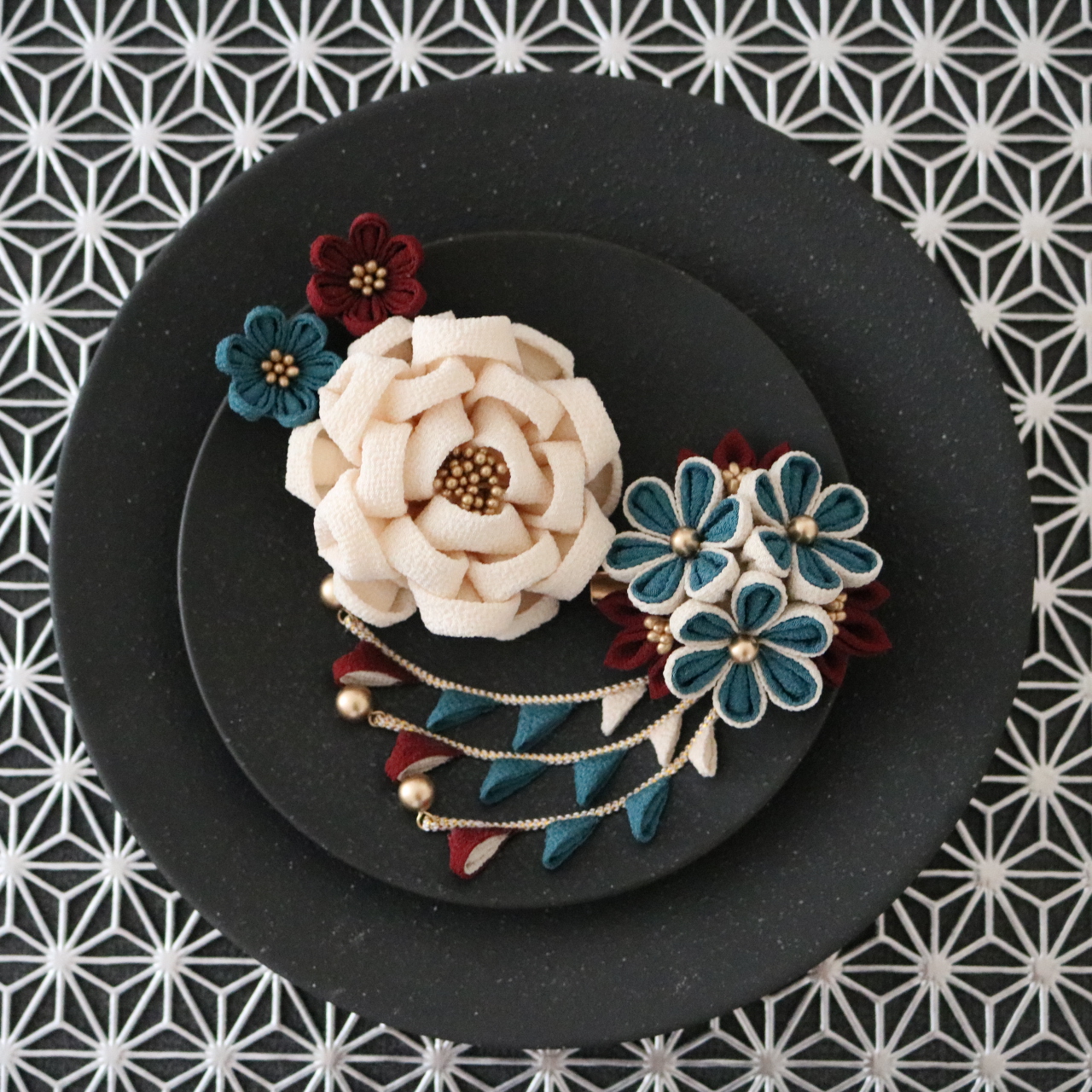 青碧＊クラシックカラー＊カメリア簪セット/つまみ細工の髪飾り/成人式の振袖・卒業式の袴・浴衣にも