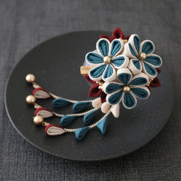 青碧＊クラシックカラー＊小花ブーケのクリップ付きかんざし ☆ つまみ  