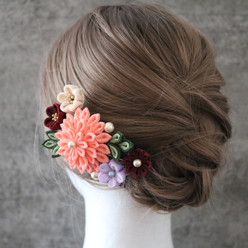 サーモンピンク】大人のヘアコーム ☆ つまみ細工 成人式 卒業式 結婚