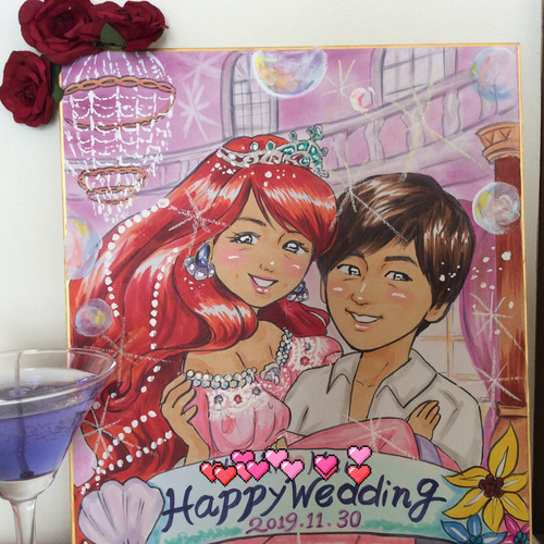 似顔絵オーダー　似顔絵　色紙　ゆあ 手描きで色紙サイズのカップルの似顔絵 - 北海道札幌の似顔絵
