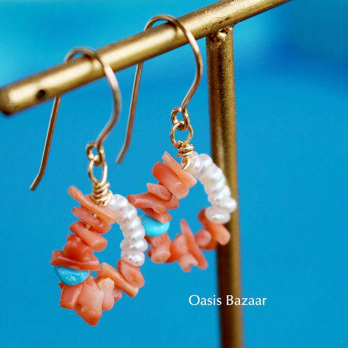 14kgf ~枝珊瑚ピアス~ サーモンピンクの枝珊瑚と淡水パールの