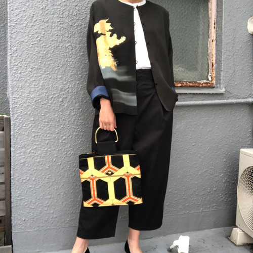 唐獅子紋様ノーカラージャケット 着物リメイク 着物リユース Mサイズ 