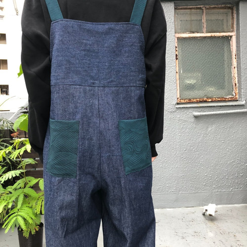 着物リユース×デニム ビックポケットサロペット １点もの 古着リメイク