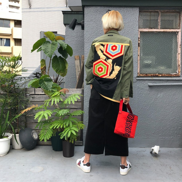 レザーワンハンドルバック 帯リユースバック 着物リメイク 青海波帯