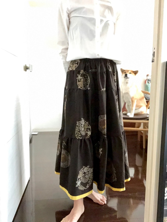 アンティーク大島紬リメイク　ティアードスカート 2枚目の画像