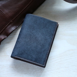 つ折り財布　ヌメ革　ハンドメイド　ミドルウォレット　ネイビー ミドルウォレット 