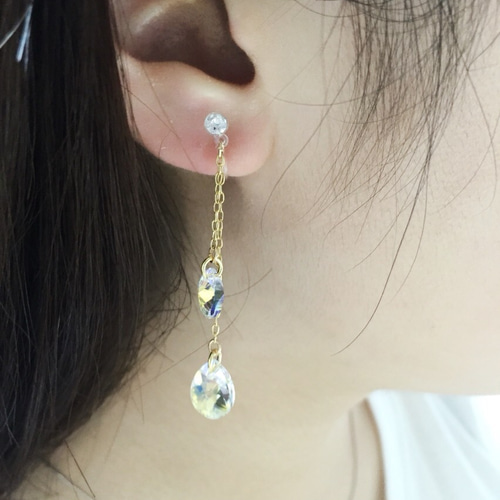 double drop 七色に輝くクリスタル オーロラ ノンホールピアス