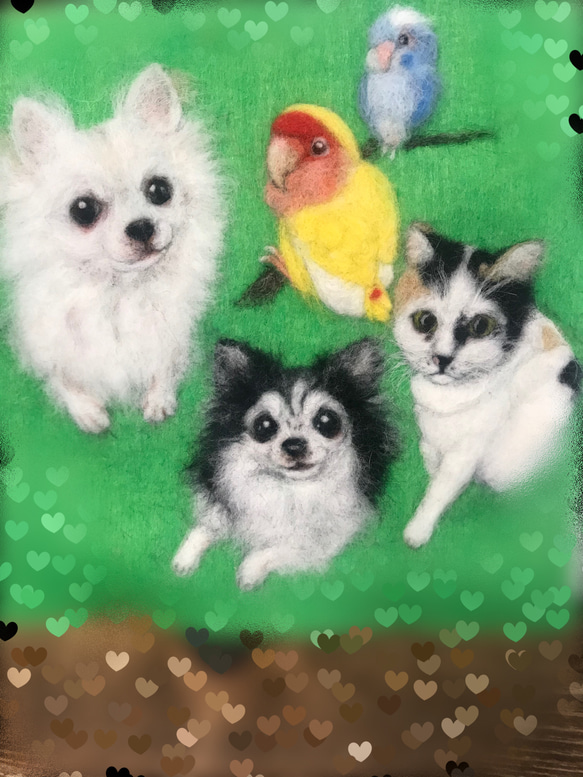 羊毛イラスト(平面)愛する我が子達(犬、猫、インコ) 2枚目の画像