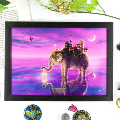 A4額付き】旅する象ピンクバージョン 絵画 ウエダマサノブ@アトリエ