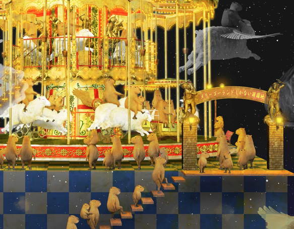 【112cm x 280cm デジタル絵画（アートパネル）】メリーゴーランドしかない遊園地 くじらバージョン 7枚目の画像