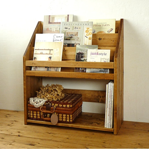 無垢木製マガジンラック*絵本収納棚*アンティークブラウンDW64 本棚