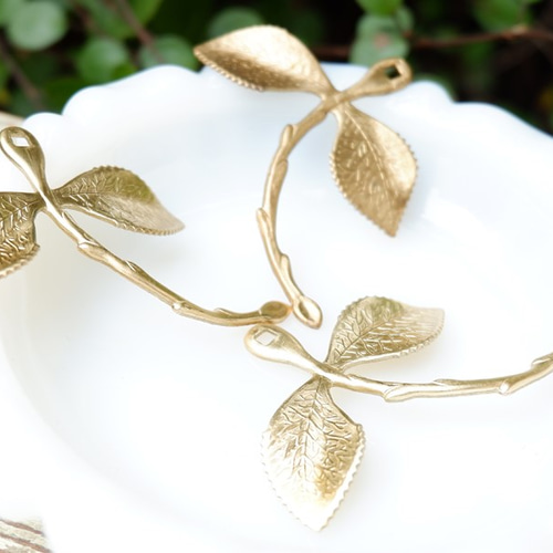 2個 USA真鍮製スタッカブルパーツ【ローズステム大】 葉っぱと茎