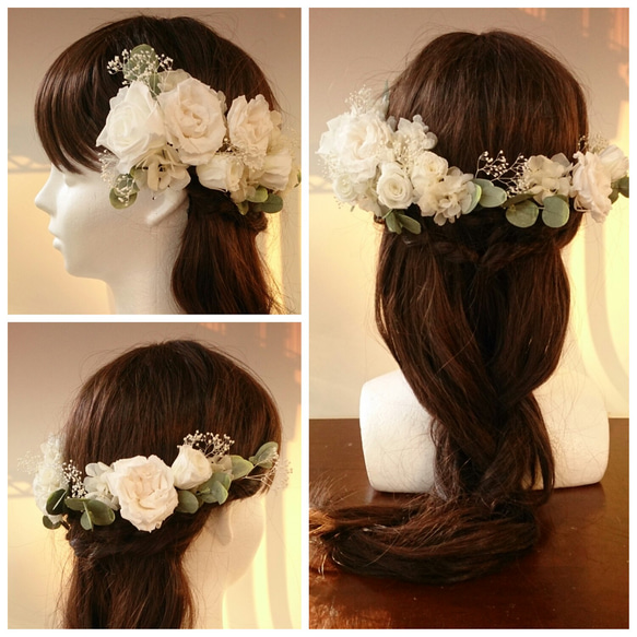 プリザーブドフラワー　ヘッドドレス　髪飾り　23パーツセット　バラ　ユーカリ　紫陽花　結婚式　ウェディング　白 2枚目の画像