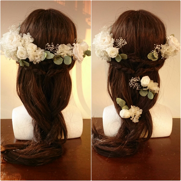 プリザーブドフラワー　ヘッドドレス　髪飾り　23パーツセット　バラ　ユーカリ　紫陽花　結婚式　ウェディング　白 3枚目の画像