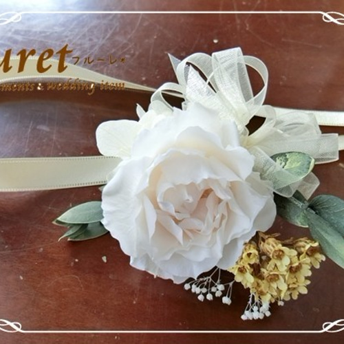 【3点セット】ブーケ、ブートニア、リストレット ヒマワリ バラ 結婚式 紫と赤のバラ ブーケ ブートニア リストレットの通販 by