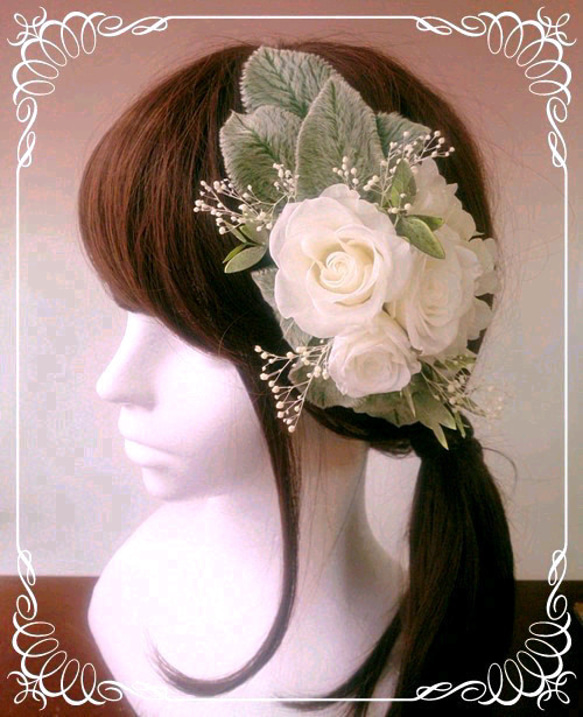 バラとラムズイヤーのガーランドタイプの髪飾り 5枚目の画像