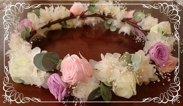 プリザーブドフラワーバラとアジサイの花冠(ピンク＆紫) 3枚目の画像