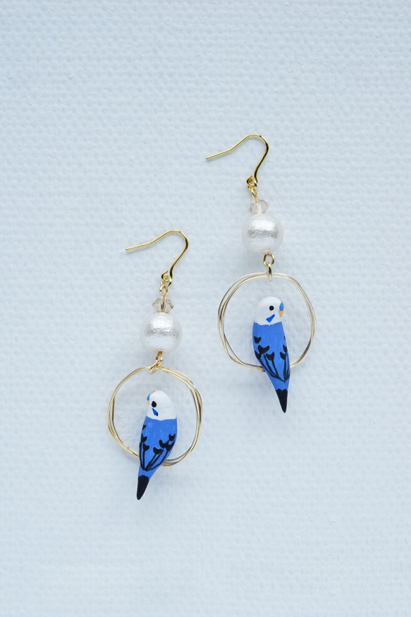 環騎虎皮鸚鵡（藍色）耳環配棉珍珠耳環 第5張的照片
