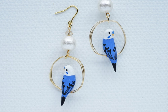 環騎虎皮鸚鵡（藍色）耳環配棉珍珠耳環 第6張的照片